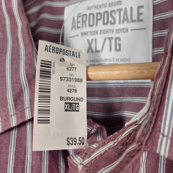 Aeropostale Men's Size XL Shirt Long Sleeve Button Up Maroon & White Striped - Picture 6 of 9